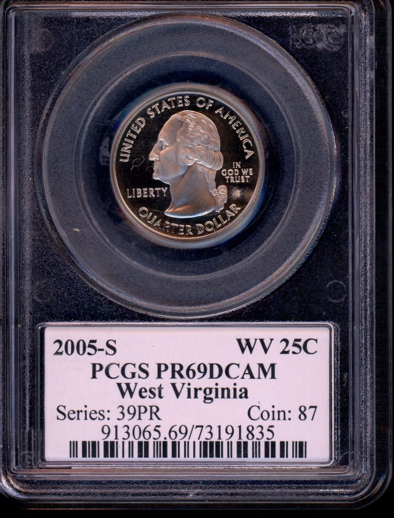 state quarter, US state quarter, certified state quarter, graded quarter, PCGS coin, NGC coin, proof quarter, PR69 DCAM, deep cameo coin, US coins for sale, coin collecting 2005-S West Virginia State Quarter